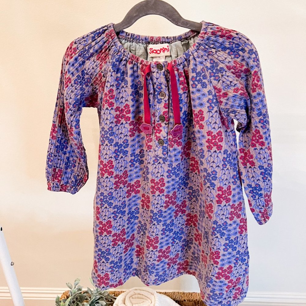 Siaomimi Maisie Gauze Dress in Grey with Floral Maroon Purple - 4Y